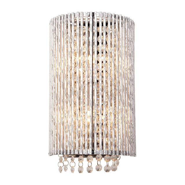 Endon Isadora 2 light wall light in polished chrome with twisted rods and K9 clear crystals, illuminated against a plain white background.