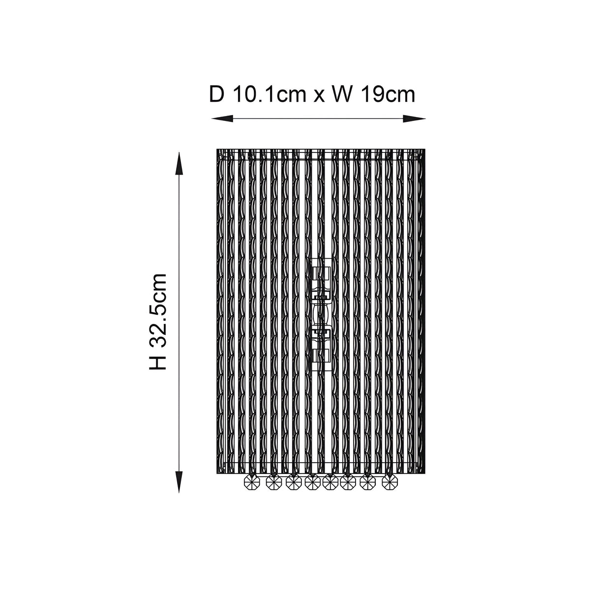 Dimension diagram of the Endon Isadora 2 Light Wall Light in chrome, showing height 32.5cm, width 19cm and depth 10.1cm on a white background.