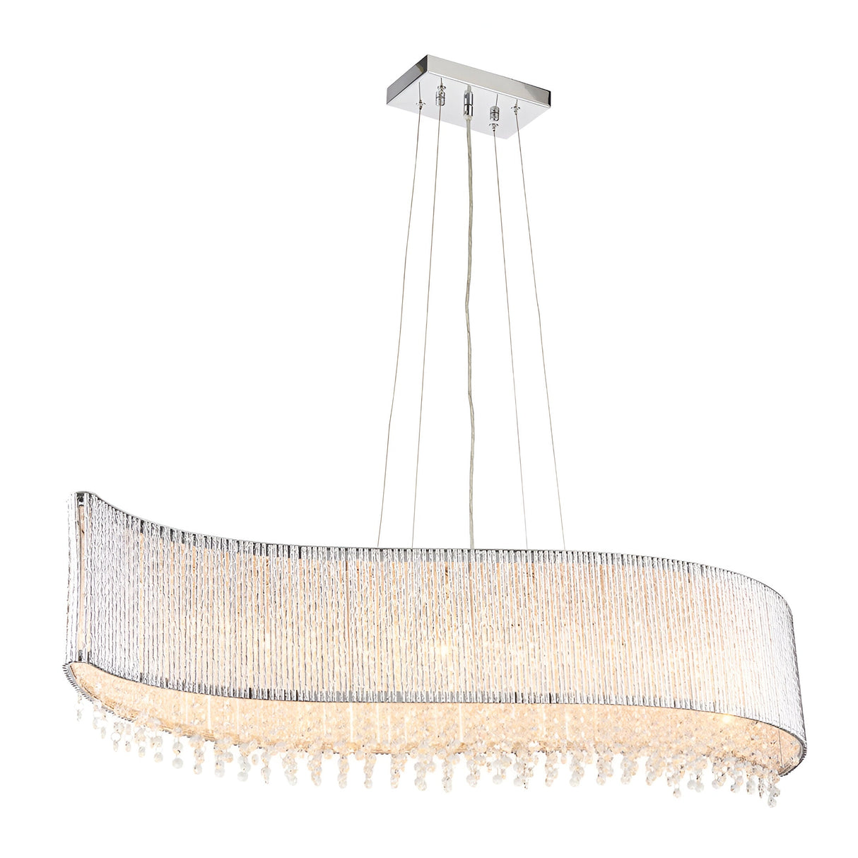 Endon Isadora 8-light linear pendant with wave-shaped polished chrome rods, clear crystal droplets and a square ceiling plate, on a white background.