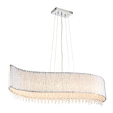 Endon Isadora 8-light linear pendant with wave-shaped polished chrome rods, clear crystal droplets and a square ceiling plate, on a white background.