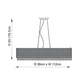 Dimension diagram of the Endon Isadora 8 light linear pendant in chrome, showing 112cm width, 36cm depth and 50–176.5cm adjustable drop.