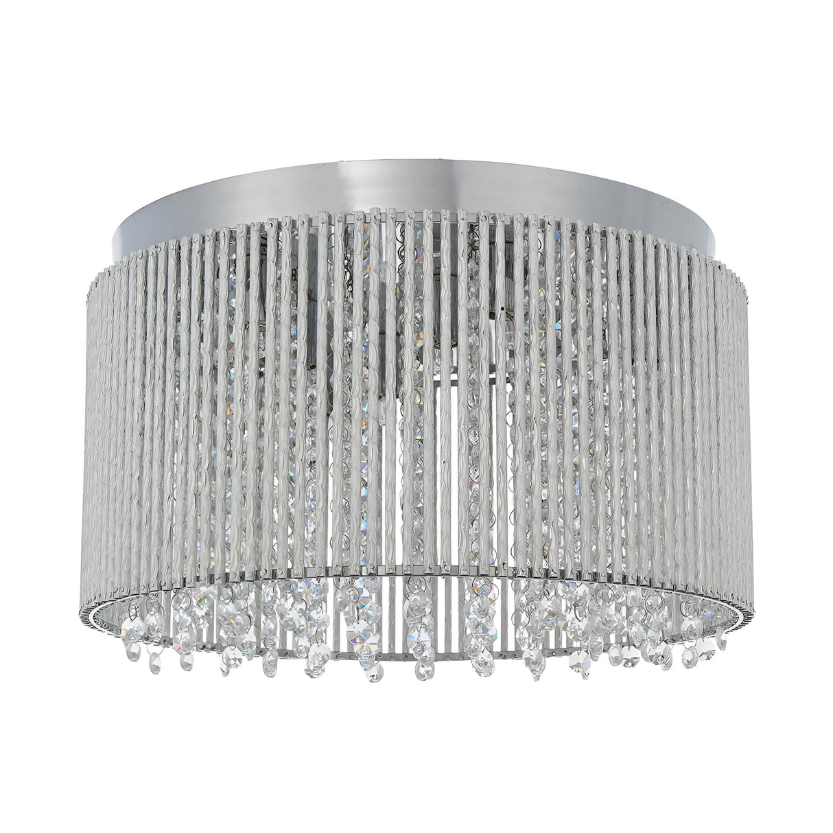 Isadora 10 Light Crystal Flush Ceiling Light in clear, chrome drum frame with vertical rods and hanging crystal droplets, shown on a white background.