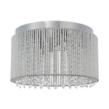 Isadora 10 Light Crystal Flush Ceiling Light in clear, chrome drum frame with vertical rods and hanging crystal droplets, shown on a white background.