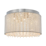 Isadora 10 Light Crystal Flush Ceiling Light in clear, a drum-shaped fitting with clear crystal rods and hanging droplets, chrome trim, on a white background.