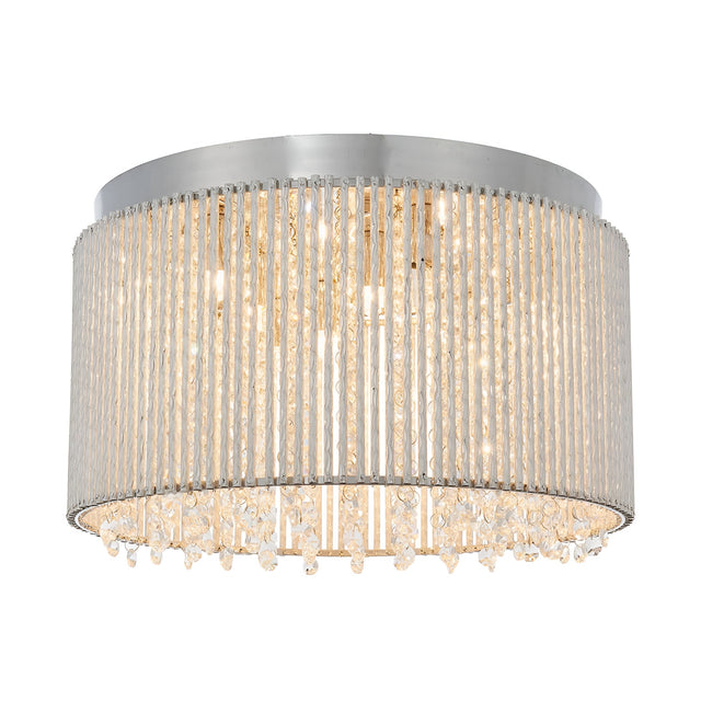 Isadora 10 Light Crystal Flush Ceiling Light in clear, a drum-shaped fitting with clear crystal rods and hanging droplets, chrome trim, on a white background.