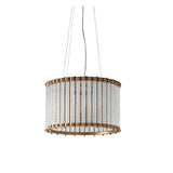 Cliffdale 6 Light Pendant in matt gold, drum-shaped frame with twisted clear glass rods, suspended on cables against a plain white background.