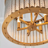 Close-up of the Cliffdale 6 Light Pendant in matt gold, showing the round frame with ball detailing, spoke arms, E14 bulbs and twisted clear glass rods.