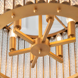 Close-up of the Cliffdale 6 Light Pendant in matt gold, showing the star-shaped centre hub with six arms and E14 bulb holders amid twisted glass rods.