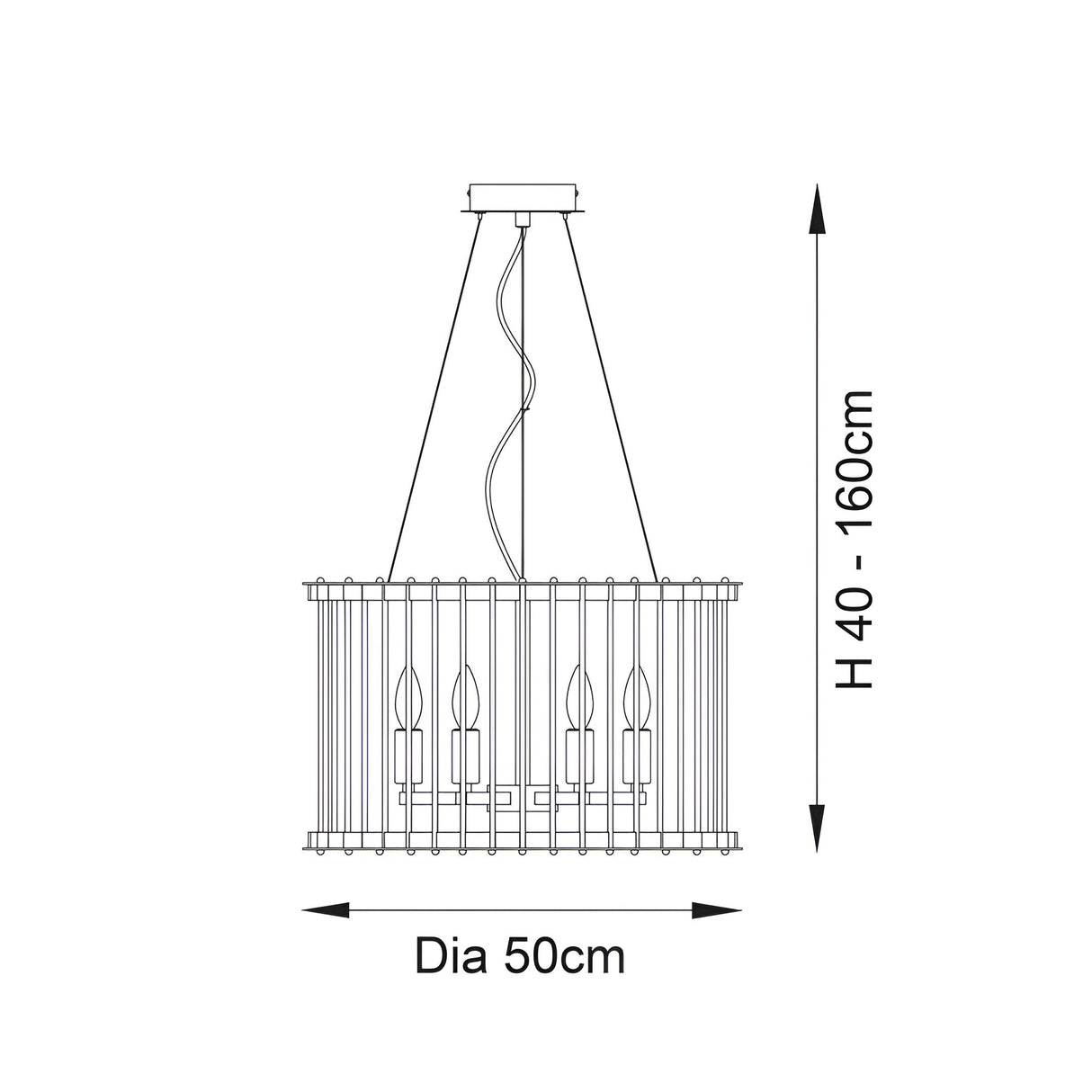 Technical line drawing of the gold Cliffdale 6 Light Pendant, showing a drum-shaped cage frame with vertical rods, 40-160cm adjustable drop and 50cm diameter.