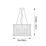 Technical line drawing of the gold Cliffdale 6 Light Pendant, showing a drum-shaped cage frame with vertical rods, 40-160cm adjustable drop and 50cm diameter.