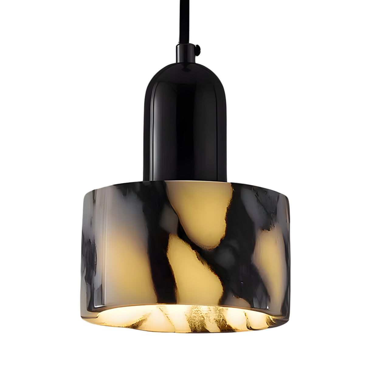 The Orvani 1 Light Veined Marble Single Pendant Light features a glossy black fixture with a cylindrical white and black marbled glass shade, suspended from a black cord—adding sculptural elegance and modern style to any space.