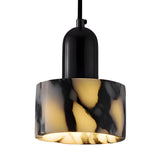 The Orvani 1 Light Veined Marble Single Pendant Light features a glossy black fixture with a cylindrical white and black marbled glass shade, suspended from a black cord—adding sculptural elegance and modern style to any space.