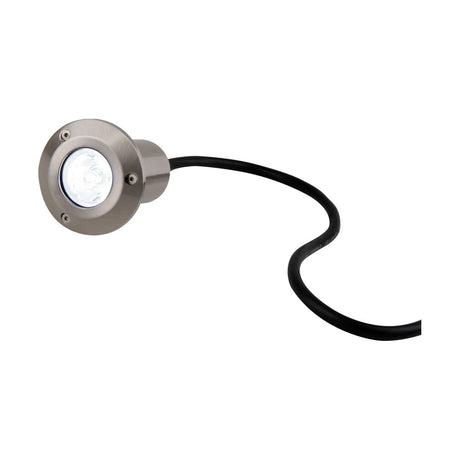 Introducing the Outdoor 1W LED Walk Over Light With Built-In Driver - 5500K: a round, stainless steel recessed light featuring a visible bulb and a black power cord extending from the back. Rated IP65, this light is ideal for outdoor or patio use, offering accent illumination.