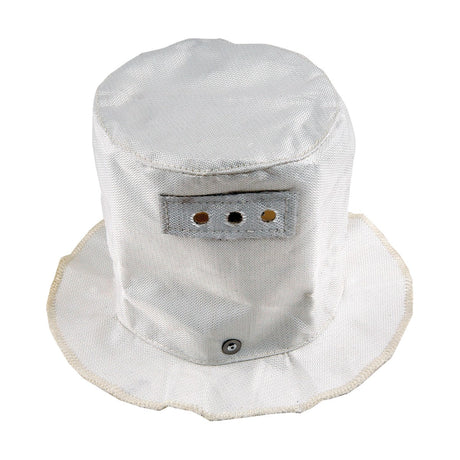 The Fire Hood (Round - Diameter 150mm X H 150mm) is a silver metallic hood equipped with a reinforced vented front panel to ensure optimal ventilation, crafted from intumescent material. Designed with a wide brim for safety, it is ideal for use in high-temperature or hazardous environments.