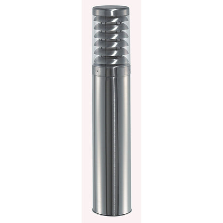 Quoin Steel Outdoor Bollard Light, 75cm tall stainless steel post with louvred clear polycarbonate lens top, IP65 rated, shown on a plain white background.