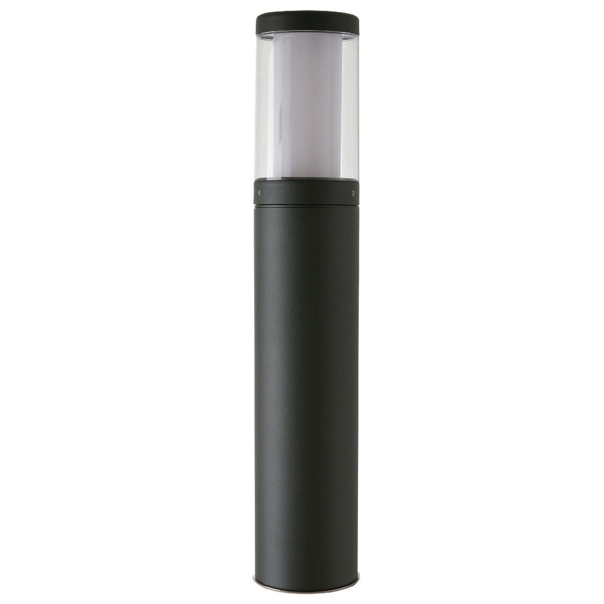 Quoin 75cm outdoor bollard light in graphite, tall cylindrical aluminium and stainless steel body with a clear polycarbonate lens top, shown on a plain white background.