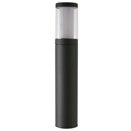 Quoin 75cm outdoor bollard light in graphite, tall cylindrical aluminium and stainless steel body with a clear polycarbonate lens top, shown on a plain white background.
