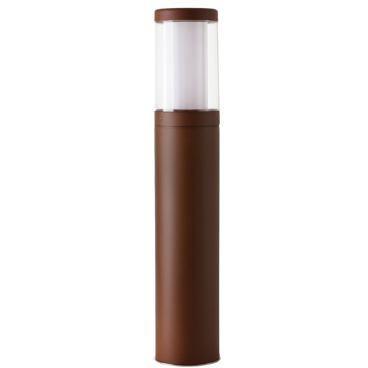 Quoin Stainless Steel Outdoor Bollard Light in rust finish, 75cm cylindrical pedestal with clear polycarbonate lens top, shown on a plain white background.