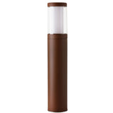Quoin Stainless Steel Outdoor Bollard Light in rust finish, 75cm cylindrical pedestal with clear polycarbonate lens top, shown on a plain white background.