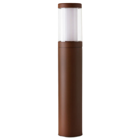 Quoin Stainless Steel Outdoor Bollard Light in rust finish, 75cm cylindrical pedestal with clear polycarbonate lens top, shown on a plain white background.