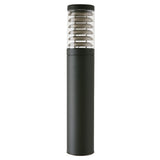 Quoin 75cm outdoor bollard light with louvred stainless steel head, clear polycarbonate lens and graphite aluminium pedestal base, shown on a plain white background.