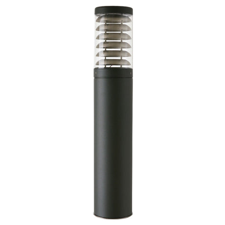 Quoin 75cm outdoor bollard light with louvred stainless steel head, clear polycarbonate lens and graphite aluminium pedestal base, shown on a plain white background.