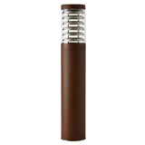 Quoin Stainless Steel Outdoor Louvred Bollard Light, 75cm, in rust-brown finish with a cylindrical louvred head and clear polycarbonate lens, set on a plain white background.