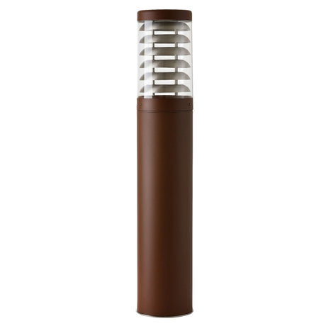 Quoin Stainless Steel Outdoor Louvred Bollard Light, 75cm, in rust-brown finish with a cylindrical louvred head and clear polycarbonate lens, set on a plain white background.
