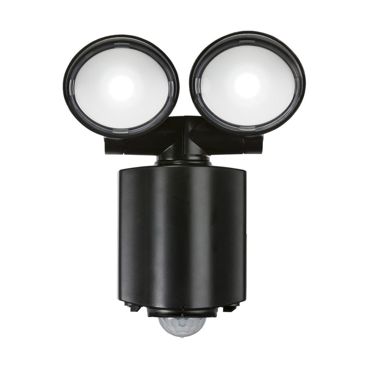 A black Outdoor 16W Twin Spot LED Security Light with dual circular lenses and a cylindrical base features a built-in PIR sensor, all set against a white background.