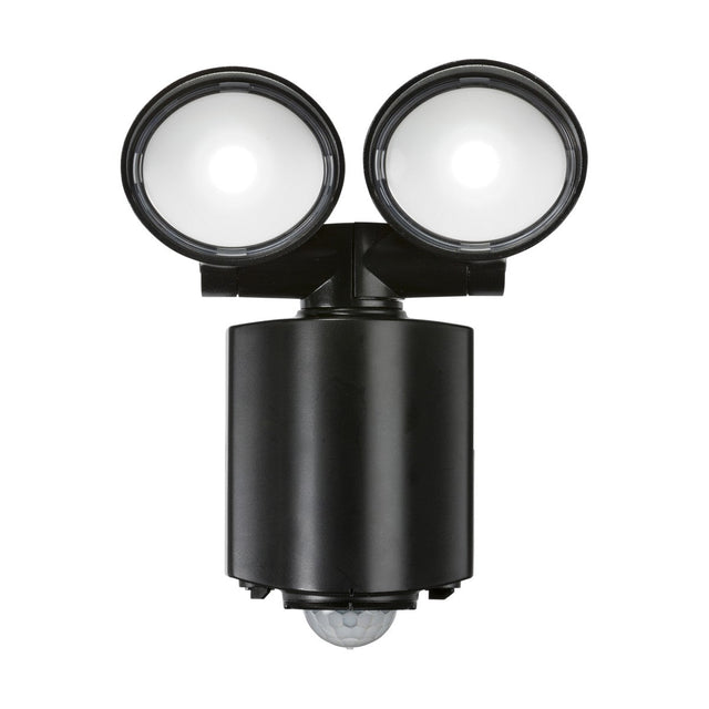 A black Outdoor 16W Twin Spot LED Security Light with dual circular lenses and a cylindrical base features a built-in PIR sensor, all set against a white background.