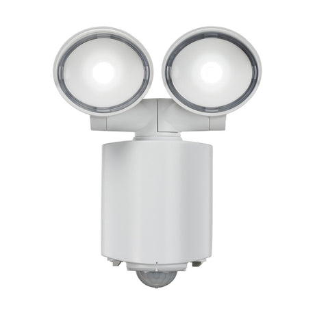 The Outdoor 16W Twin Spot LED Security Light - White features a dual-lamp setup with a sleek, cylindrical white base and two adjustable, round light heads. With a brightness of 1300 lumens and a contemporary design, it includes a PIR sensor for motion detection, all presented against a plain white background.