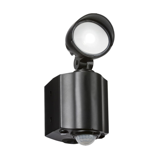 Introducing the Outdoor 8W LED Security Spotlight in Black, constructed from durable die-cast aluminium. It boasts a single round LED security spotlight mounted on a rectangular base, with the PIR motion sensor prominently located at the bottom of the base.