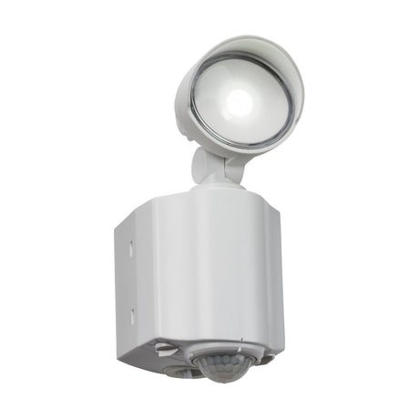 The Outdoor 8W LED Security Spotlight - White is a versatile LED security light with a single round lamp and a square base. The upward-facing lamp is connected by an adjustable joint, and it includes a conveniently positioned PIR sensor below the lamp for improved detection.