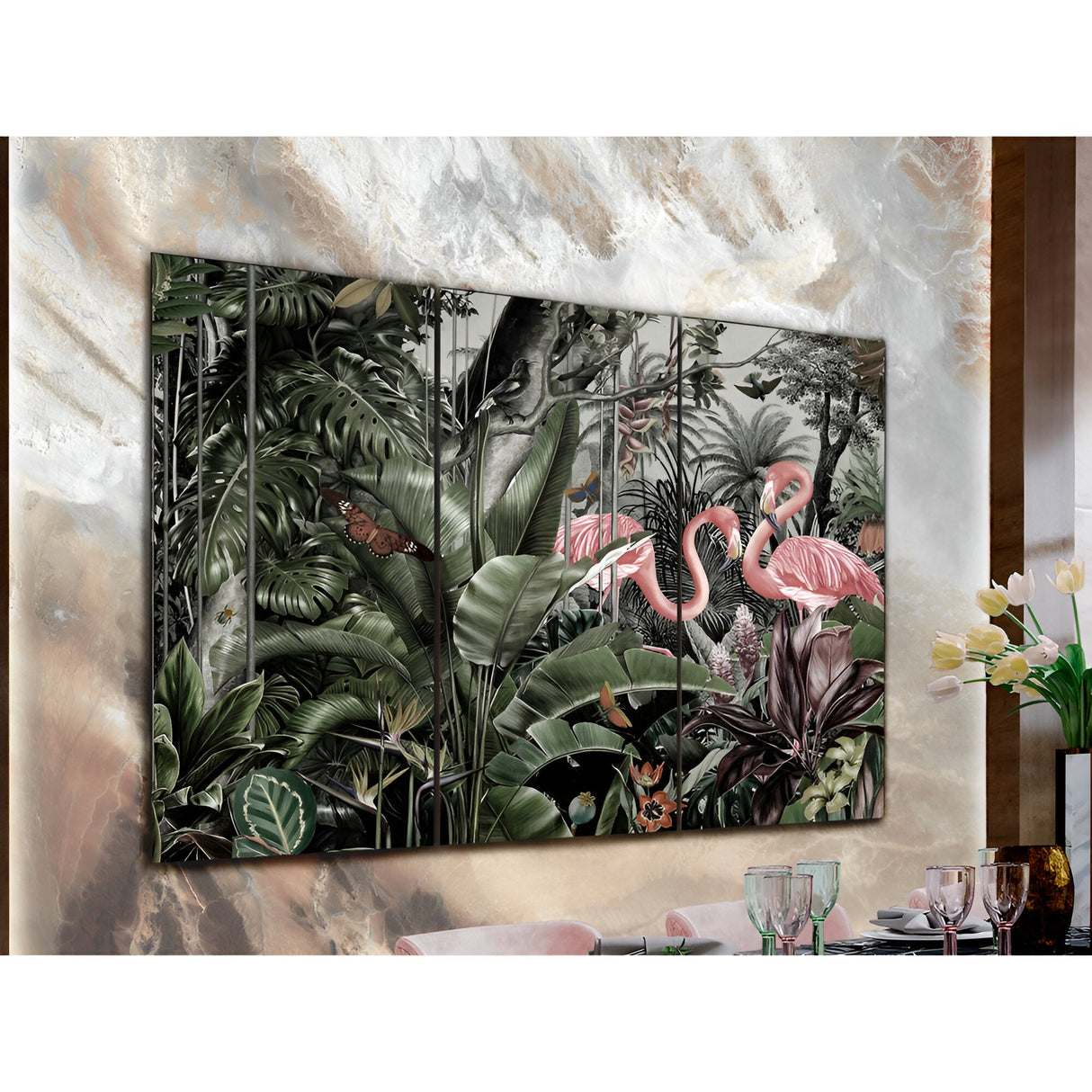 Flamencos Jungle Triptych Photography Print – 180x120cm