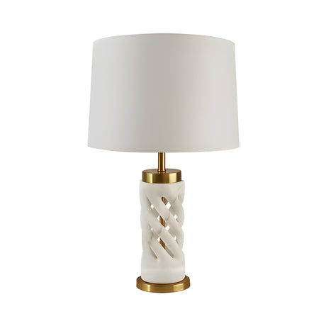 The Iverne 1 Light Twisted Carved Alabaster Table Lamp in brass and soft white features a twisted alabaster base, gold accents, and a large white fabric shade, shown against a plain white background.
