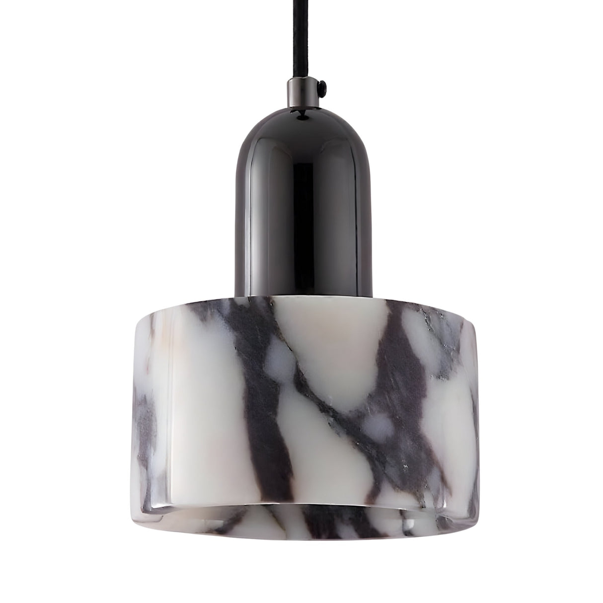 The Orvani 1 Light Veined Marble Single Pendant Light features a glossy black fitting and a white, dark-veined marble-patterned shade, elegantly suspended from a sleek black cord for a striking sculptural statement.