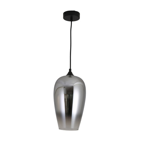 The Slice Glass Pendant Light - Chrome features a modern vase-shaped glass shade with a shiny chrome finish, paired with a black ceiling mount and cord. Its smooth, reflective surface and flared open bottom add sleek elegance to any space.