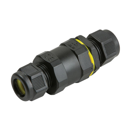 The IP68 16A Weatherproof Inline Connector (3 Pole) is a black, cylindrical connector with threaded ends, specifically designed for electrical cables. It features IP68-rated protection and is highlighted by yellow accents. This robust and weather-resistant cable connector is perfect for outdoor fixtures, providing a durable and industrial-grade solution that suits various environmental conditions.