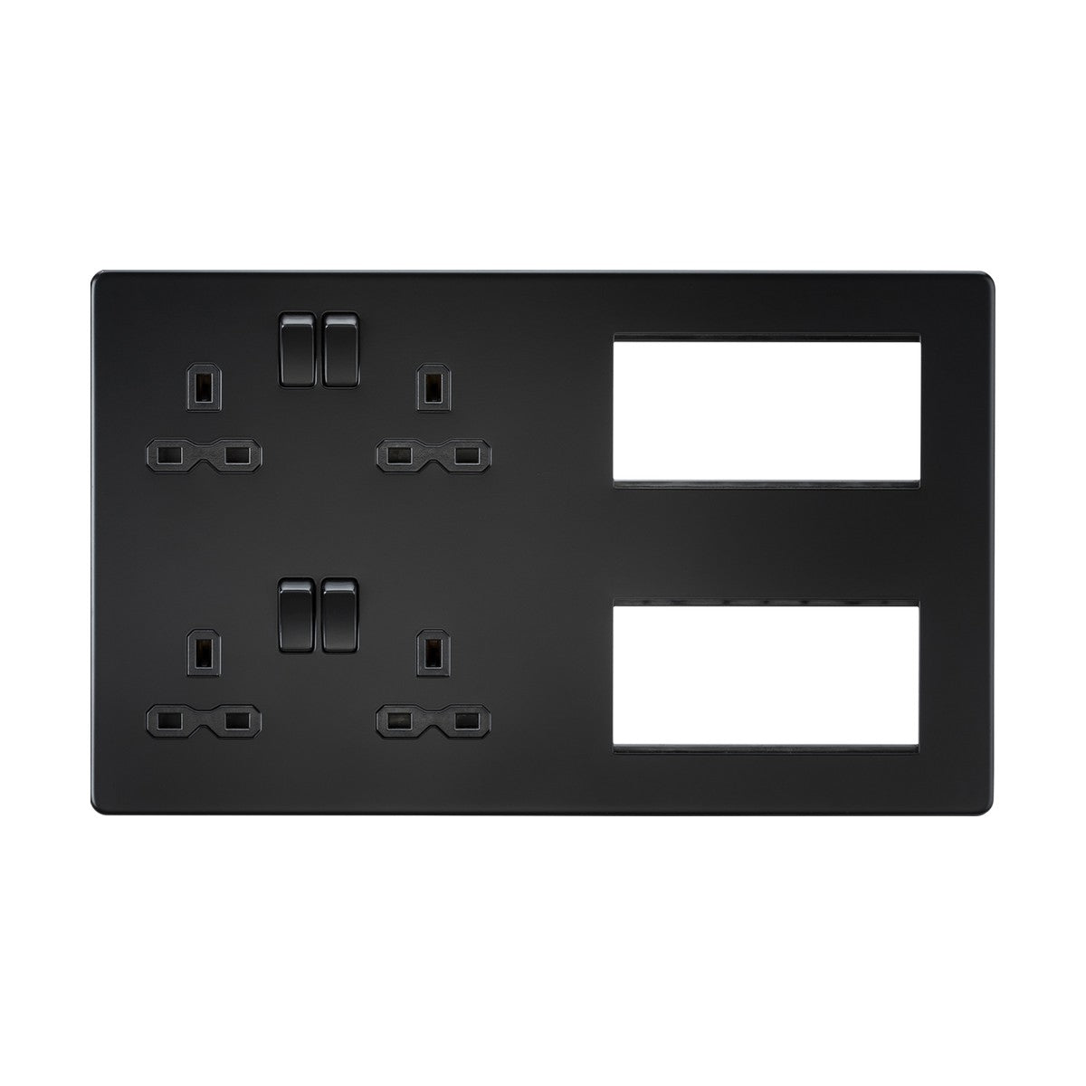 Introducing the Combination Plate - Matt Black (Black Insert). This screwless wall plate in stylish black features two UK-style double electrical outlets with switches on the left side and two rectangular slots for Euro module inserts, providing customizable modular configurations to meet diverse requirements.