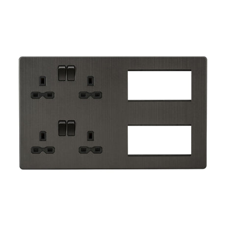 Introducing the Combination Plate - Smoked Bronze (Black Insert), a stylish horizontal double power outlet complete with two USB charging ports and modular inserts. This screwless multimedia combination plate boasts a sophisticated dark brushed metal finish and includes two additional slots on the right for configurable components.