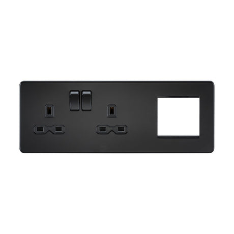 A modern 13A 2 gang DP socket with a sleek matt black finish and black insert features a screwless socket design, including two switches and a rectangular cutout on the right side. Ideal for home or office environments, it can be enhanced with the modular combi plate for increased functionality.