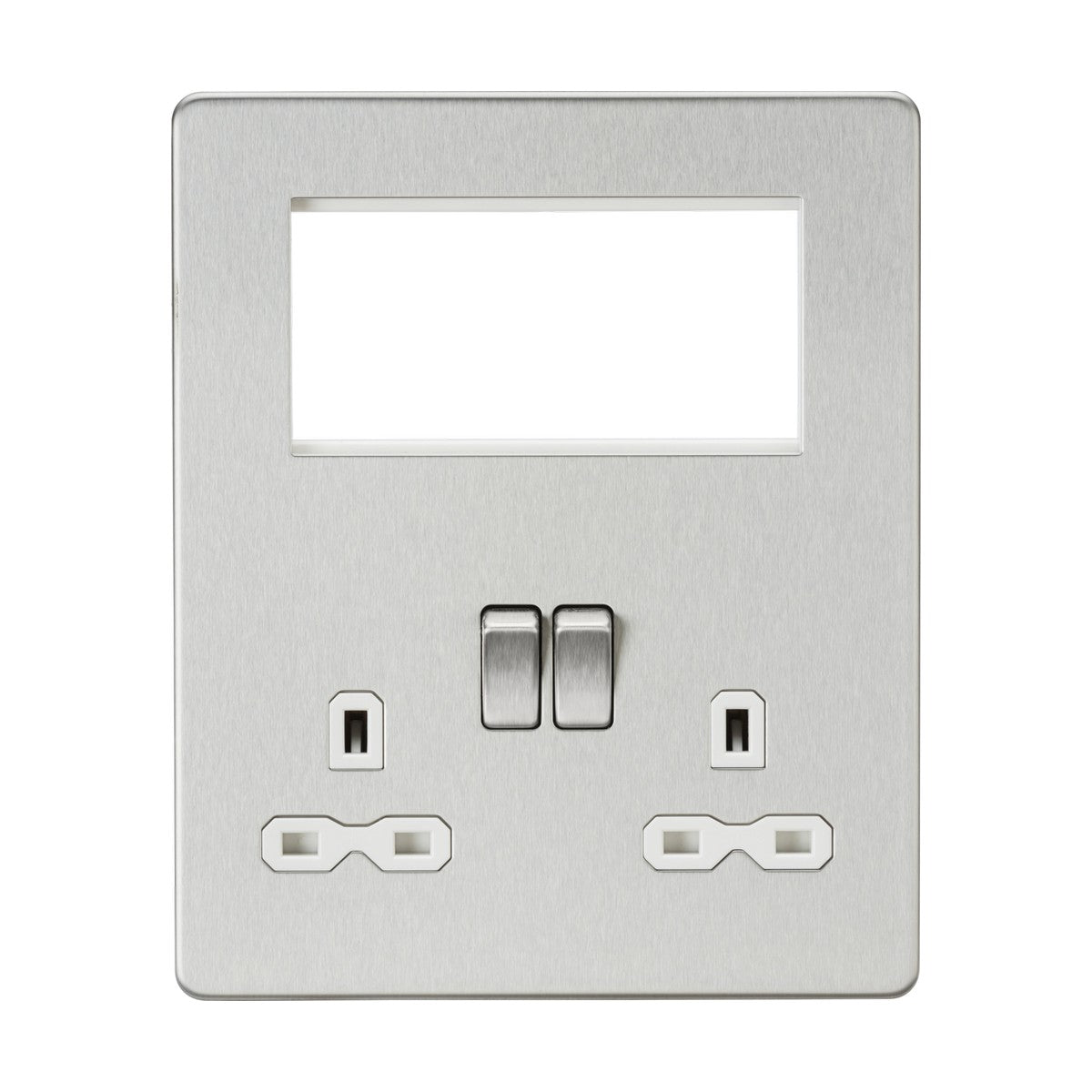 The brushed chrome small multimedia combination plate with a white insert features two switches between plug outlets and a top rectangular cutout, providing a sleek appearance. It is designed for versatility to accommodate modular inserts.