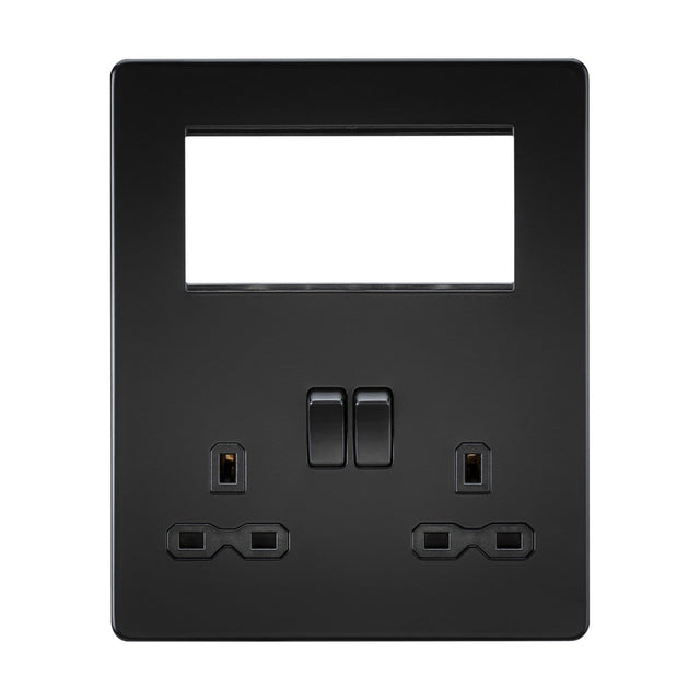 Introducing the Small Multimedia Combination Plate in Matt Black with a black insert, featuring a seamless design. This sophisticated double electrical wall socket includes two rectangular switches alongside two sets of three-pin plug sockets. The screwless plate also offers a large rectangular opening above the switches, perfect for USB charging or adding modular inserts.