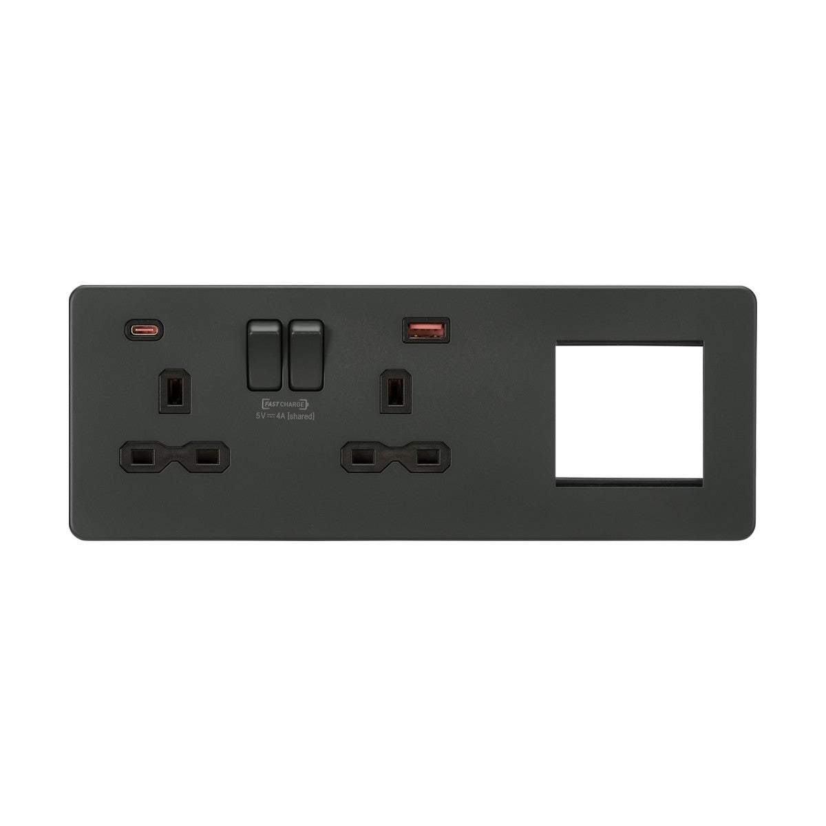 13A 2G DP Socket +2G Modular + Dual USB A+C 12V DC 1.5A (Max. 18W) - Anthracite with Black Insert