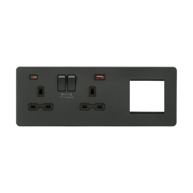 13A 2G DP Socket +2G Modular + Dual USB A+C 12V DC 1.5A (Max. 18W) - Anthracite with Black Insert
