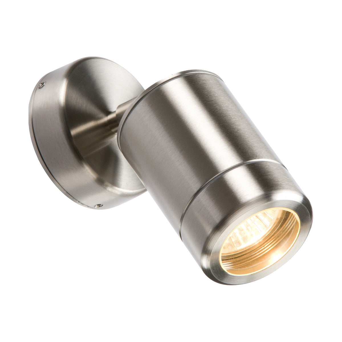 The Outdoor Adjustable Wall Light - Stainless Steel is a contemporary wall sconce crafted in brushed stainless steel with a cylindrical design. It uses a GU10 bulb, is mounted at an angle, and emits a warm light while highlighting its sleek and minimalistic style.