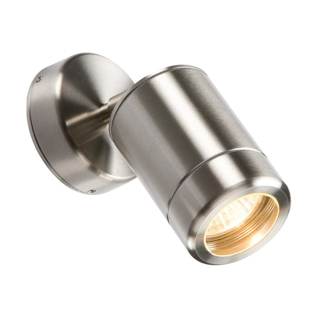 The Outdoor Adjustable Wall Light - Stainless Steel is a contemporary wall sconce crafted in brushed stainless steel with a cylindrical design. It uses a GU10 bulb, is mounted at an angle, and emits a warm light while highlighting its sleek and minimalistic style.