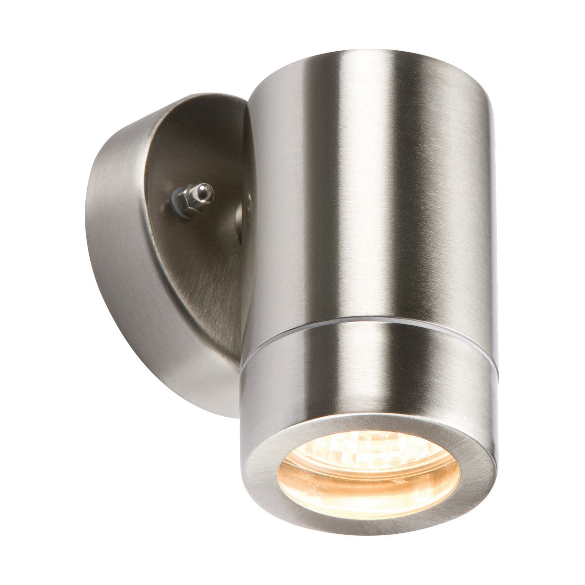 The Outdoor Lightweight Fixed Wall Light in brushed stainless steel is a modern, wall-mounted cylindrical fixture featuring a single GU10 bulb and attached to a rounded base.