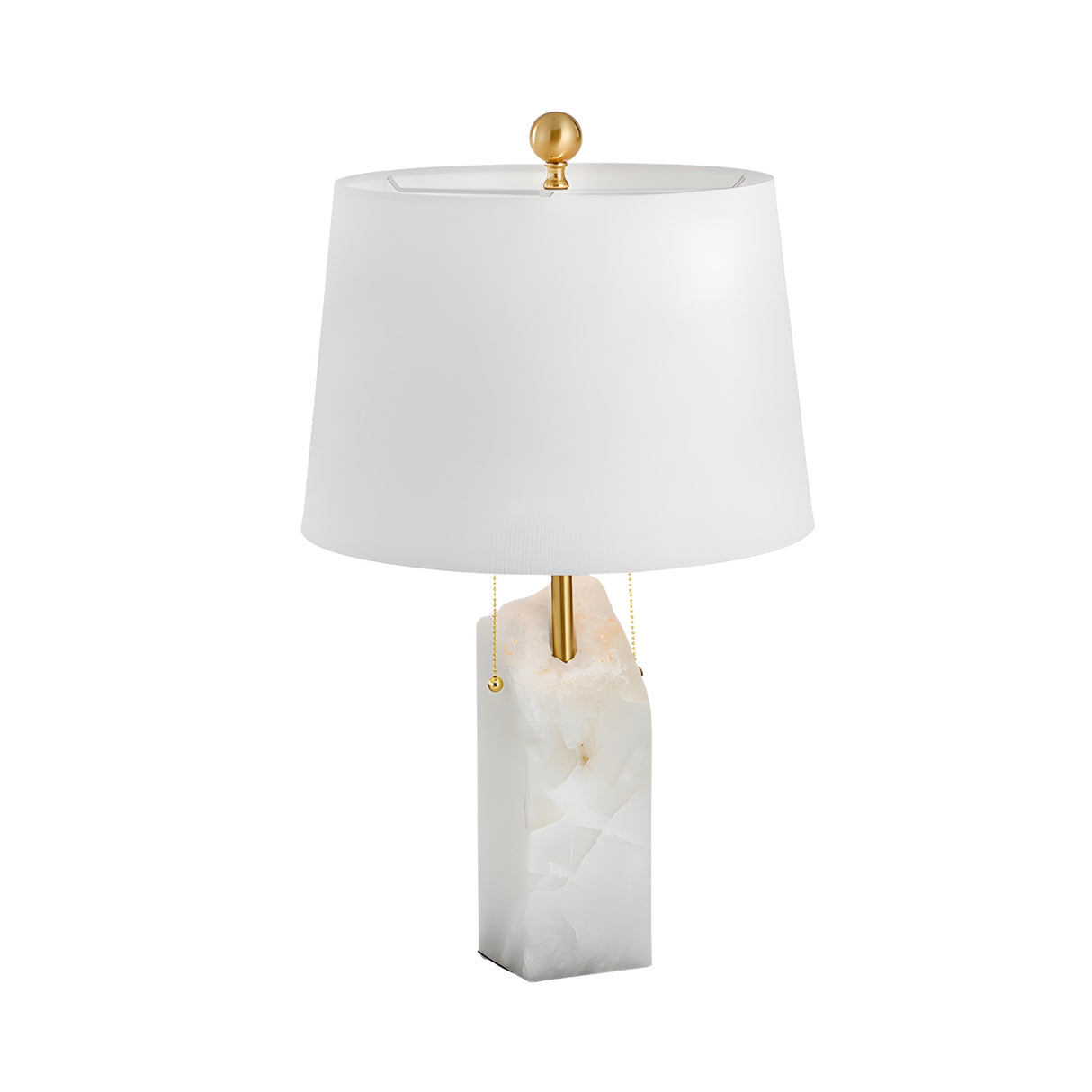 The Seravyn 1 Light Inset Detail Alabaster Table Lamp features a modern design with a white rectangular stone base, white fabric shade, brass accents, gold finial, and gold pull chains.
