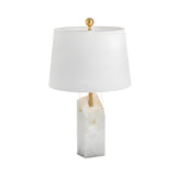The Seravyn 1 Light Inset Detail Alabaster Table Lamp features a modern design with a white rectangular stone base, white fabric shade, brass accents, gold finial, and gold pull chains.